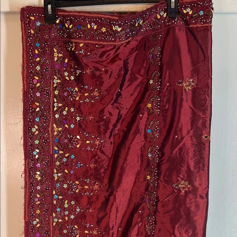 Source Unknown large Burgundy beaded Embellished Scarf Sari wrap